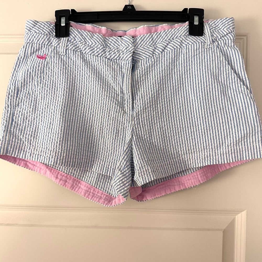 Southern Marsh Women's Striped Seersucker Shorts - Blue and Pink